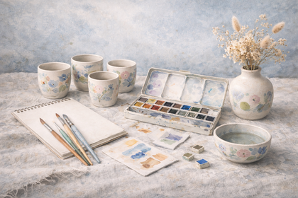 Aquarell-Stillleben mit handbemalten Keramikbechern und -schale, Vase mit Trockenblumen sowie Aquarellkasten, Pinseln und Skizzenblock auf hellem Leinen vor ruhigem blau-grauem Hintergrund.