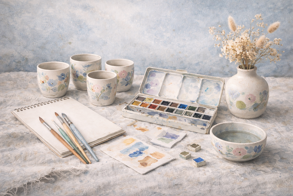 Aquarell-Stillleben mit handbemalten Keramikbechern und -schale, Vase mit Trockenblumen sowie Aquarellkasten, Pinseln und Skizzenblock auf hellem Leinen vor ruhigem blau-grauem Hintergrund.
