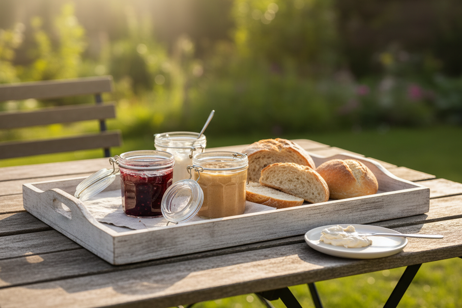 Gläser mit verschiedenen Aufstrichen auf einem Holztisch, daneben aufgeschnittenes Brot, Messer und dezente Küsten Dekoration.