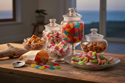 Bunte Bonbons und Fruchtgummis in Glasbehältern und Schalen auf einem Holztisch, einige Stücke verstreut, daneben ein Papiertütchen und dezente Küsten Deko