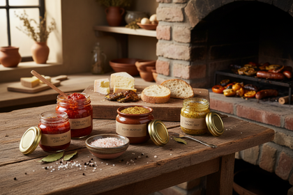 Kleine Gläser mit Chutney, Senf und Gewürzsalz auf einem Holztisch, dazu Holzlöffel, Salzflocken und ein Käsebrett im Hintergrund.